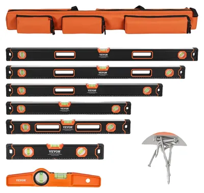 Produktbild von VEVOR Magnetische Torpedo-Wasserwaage, 121,9/61,0/40,6/25,4 cm Mechanische Wasserwaagen-Set, Blasenlibellen-Lineal für 45/90/180 Grad, Aluminiumlegierung Wasserwaage mit Sichtfenster, Stoßfest für die Messung von Sanitärinstallationen, Holz