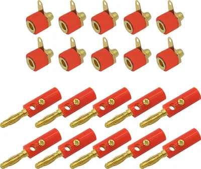 Produktbild von ARLI 10x Bananenstecker + 10x Bananenbuchse mit Lötfahne rot vergoldet bis 4 mm² Set