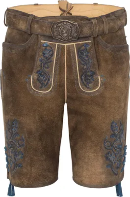 Produktbild von Presley Herren Trachtenhose Lederhose kurzhose mit Gürtel Ziegenvelour Stickerei , Größe:50/M, Farbe:Jeans