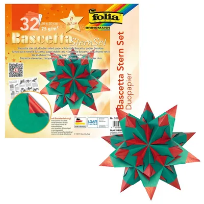 Produktbild von folia Bastelset Bascetta Stern Ø30cm 75g/m² rot/grün 20x20cm 32 Blatt