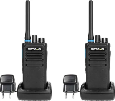 Two black Retevis P1 walkie-talkies are shown in their charging docks, each with a power adapter plugged in.