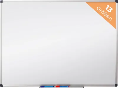 A whiteboard with markers on a tray at the bottom and a marketing tag in the top right corner.