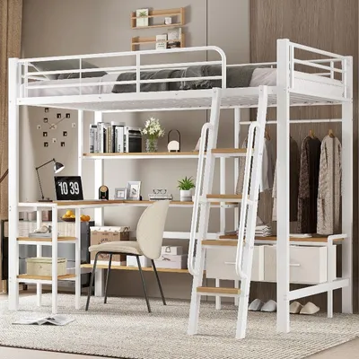 Zdjęcie produktu dla Łóżko piętrowe 90x200 cm, białe, wykonane z żelaza i MDF, z biurkiem i półką na przechowywanie, idealne do sypialni