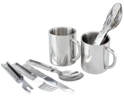 Produktbild von BW Essbesteck Set mit Thermobecher Edelstahl Campingbesteck für 2 Personen