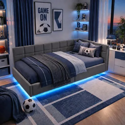 Zdjęcie produktu dla Łóżko tapicerowane INONEFT, sofa łóżko 90x200 cm z oświetleniem LED i portami USB, łóżko młodzieżowe z podnoszanym materacem i pojemnikiem, łóżko jednoosobowe, obita materiałem pluszowym, bez materaca, kolor szary