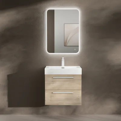 Produktbild von doporro Badmöbel-Set Waschbeckenunterschrank mit Soft-Close in Eiche Greige 60x48x60cm Waschplatz komplett Set inkl. Mineralguss-Waschbecken