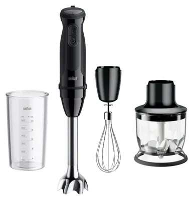 A black and silver hand blender set with accessories, including a beaker, whisk, and chopper attachment, displayed against a white background.