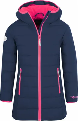 A navy blue winter jacket with pink accents for children.