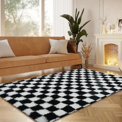 Immagine prodotto di Tappeto a pelo lungo, grigio e nero, 140x200 cm, lavabile, antiscivolo