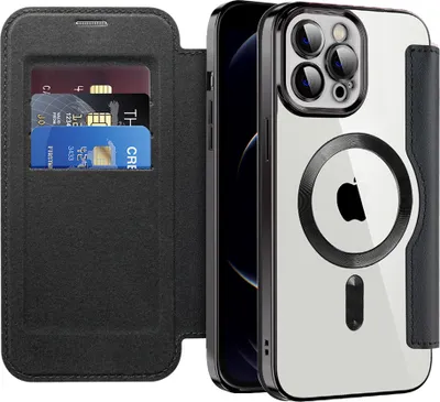 Image de Étui compatible MagSafe pour iPhone 12 Pro, étui transparent avec porte-cartes, étui en cuir avec protection de l'appareil photo noir