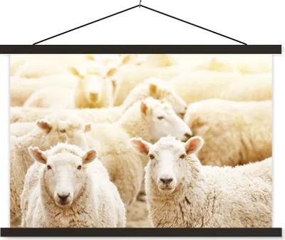Produktbild von MuchoWow® Textilposter Schafe - Wolle - Weiß 60x40 cm mit schwarzem Rahmen - Hölzernes
