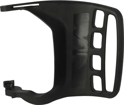 A black plastic chainsaw handle part is shown against a white background.