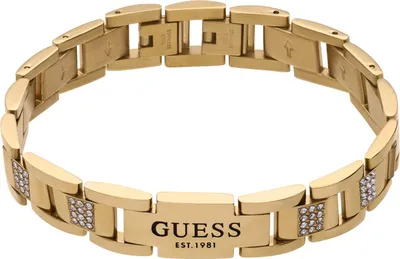 A close-up studio shot of a gold-colored Guess bracelet.