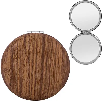 Imagen del producto de Espejo de mano plegable, de doble cara, con aumento de 1x/2x, con apariencia de madera, compacto, ideal para llevar