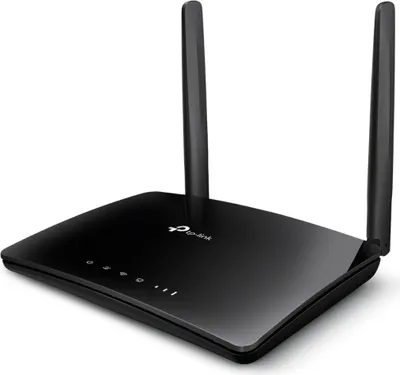 A black TP-Link wireless router with two antennas, shown from a slightly elevated angle on a white background.