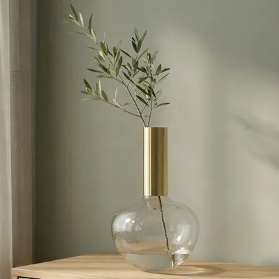 Produktbild von Glasvase mit Metallhals transparent glänzend bauchig, H.38 cm