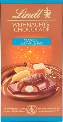 Immagine prodotto di Cioccolato natalizio Lindt con ripieno di caramello alle mandorle e sale 100g