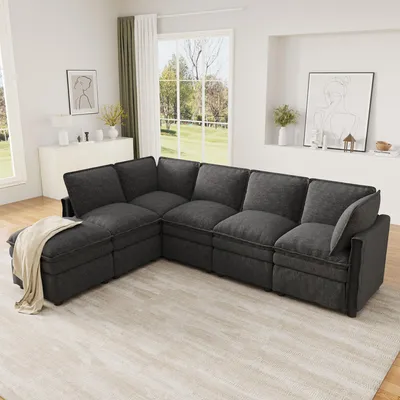 Productafbeelding van STILVORA Modulaire bank met slaapfunctie, hoekbank in U- of L-vorm met verstelbare voetenbank, woonbank met dubbele zitkussens en een kederdesign, chenille