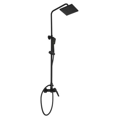 A black shower system with a square showerhead and a handheld shower wand.