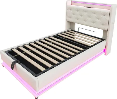 Image de Lit d'enfant Lit rembourré 90x200cm,Avec lumières changeant de couleur et prise USB,Tête de lit relevable,Lit simple,Beige