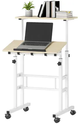 Produktbild von Sitz-Steh-Schreibtisch, h?henverstellbarer Schreibtisch 60 x 60 cm mit Rollen, neigbarer Tischplatte, Gestell aus Naturmetall