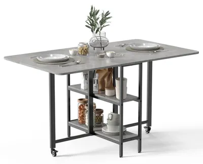 Obrázek produktu pro Skládací jídelní stůl se dvěma policemi, rozšiřitelný, rozměry 140 x 80 x 75 cm, barva šedá