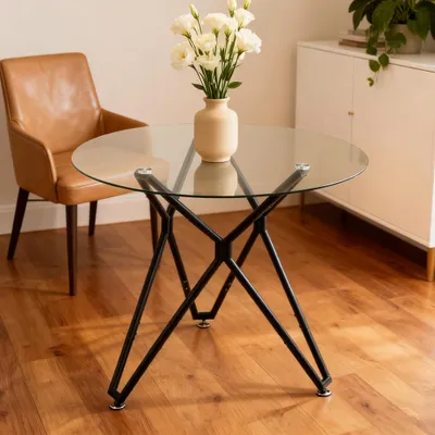 Produktbild von 90cm Runder Esstisch aus Gehärtetem Glas, für 1-4 Personen, Moderner Küchentisch mit Stabilen Schwarzen Metallbeinen, für Esszimmer, Wohnzimmer & Büro