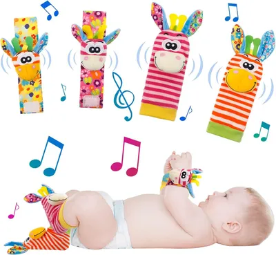Produktbild von 4-teiliges Baby-Set mit Handgelenk- und Fußrasseln, Glöckchenband, Fußfinder, zur Förderung der sensorischen Entwicklung, für Jungen und Mädchen, Geschenkidee