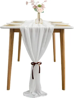 Image de Chemin de table moderne en mousseline blanche unie avec 2 rubans blancs pour les banquets de mariage