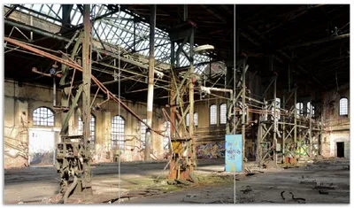 Produktbild von Wallario Herdabdeckplatte aus Glas, Größe 90 x 52 cm 3-teilig, Motiv Verlassene Industriehalle - Alte Fabrik