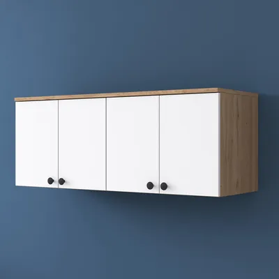 A wall-mounted cabinet with four doors against a blue wall.