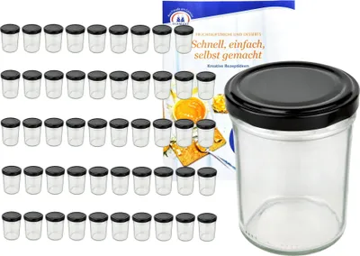 Zdjęcie produktu dla zestaw 50 szklanek 230 ml HOCH To 66 z czarną pokrywką i książeczką z przepisami Diamant Gelierzauber