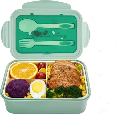 Produktbild von Lunchbox, Brotdose Mit 3 Fächern und Besteck 1400ml, spülmaschinenfest, Auslaufsicher Bento Box für Kinder und Erwachsene