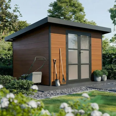 Produktbild von WPC Gartenhaus ALMA – 9 m² braun – Dielenstärke: 28 mm – Gartenhaus – Lüftungsgitter – Doppeltür – Dachrinne