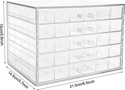 Image de Boîte de rangement en acrylique - Boîte à tiroirs à 5 niveaux - 120 compartiments - 24 par niveau - Compartiments 3,4 × 3,4 × 2,5 cm - 21,5 × 14,5 × 15 cm - Gris clair