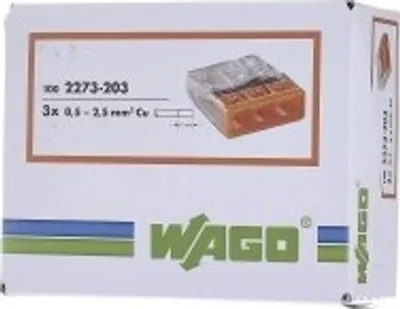 Obrázek produktu pro Wago 2273-203 Připojovací svorka transparentní oranžová pro třívodičové typy vodičů do 0,5-2,5qmm