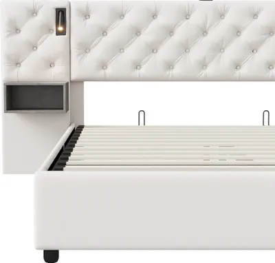 Immagine prodotto di CDGlobal Letto imbottito 160x200cm con USB, Letto a molle idrauliche con rete e contenitore, Letto contenitore con LED, Letto matrimoniale in velluto Letto contenitore Letto funzionale, Beige