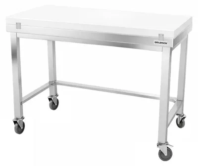 Obrázok produktu pre Pracovná doska z nehrdzavejúcej ocele, rozmer 1600 x 600 mm, s bielym pracovným povrchom a podperami na kolieskach, PREMIUM – GOLDINOX