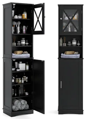 Zdjęcie produktu dla COSTWAY 40x30x170,5cm szafka łazienkowa wąska, szafka łazienkowa wysoka z 5 regulowanymi półkami i 2 drzwiami, szafka do przechowywania drewna czarna