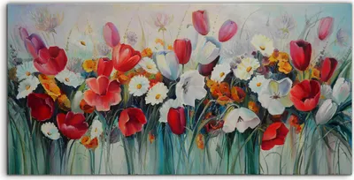 Produktbild von Coloray Acrylbild 140x70  Wandbild Acrylbilder Kunst Blumen wiese Blumenstrauß Tulpen