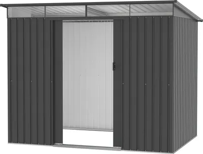 A dark gray metal shed with sliding doors and a clear roof panel.