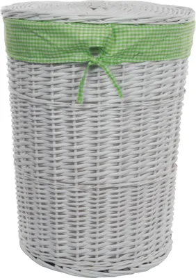 Produktbild von Wäschekorb Wäschetonnen Wäschetruhe Weide rund weiß Deckel Wäschesack Karomuster grün D.39cm H.55cm