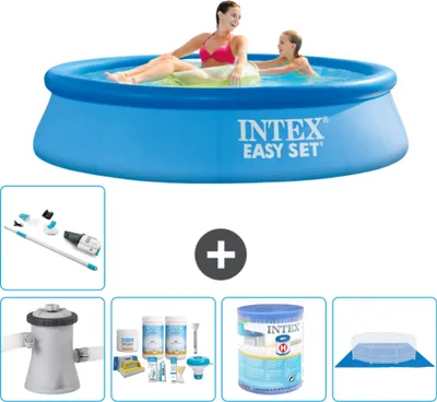 Produktbild von Intex runder aufblasbarer Easy Set-Schwimmpool – 244 x 61 cm – Blau – inklusive Pumpe Wartungspaket - Filter - Bodenplane - Staubsauger