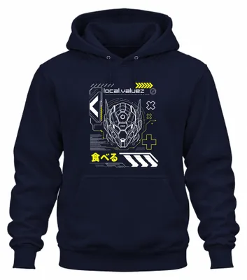 Obrázok produktu pre Cyberpunk, mechanický robot, japonský štýl, motív jedla, Japonsko, obdobie Y2K, futuristická mikina s kapucňou, tmavomodrá, veľkosť L