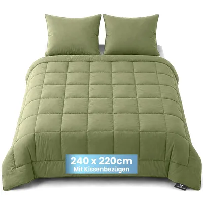 Produktbild von Slaapspeciaal Bettdecke ohne Bezug 240x220cm - Ganzjahresdecke Extra lang - Steppdecke inkl. 2 Kissenbezüge - Grün