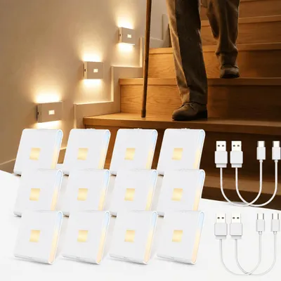 Produktbild von 12x LED Nachtlicht mit Bewegungsmelder und Dämmerungssensor, USB-C (3000mAh), kabellose Schrankbeleuchtung, für Kinderzimmer, Treppe, Schlafzimmer