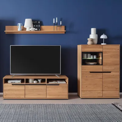 Produktbild von Wohnwand in Eiche teilmassiv mit Highboard, Lowboard & LED-Beleuchtung, 3-teilig - AVESTA-06