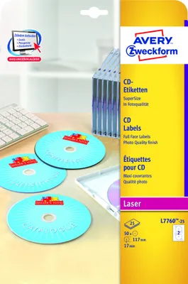 Produktbild von Avery Zweckform L7760-25 CD-Etiketten, Ø 117 mm, 25 Blatt/50 Etiketten, weiß