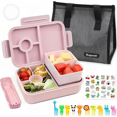 Produktbild von Brotdose Kinder mit Fächern 1300ML, auslaufsicher, mit Lunchtasche und Besteckset, rosa