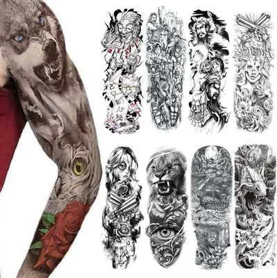 Image de 8 feuilles Full Arm Tatouages Temporaires Hommes Manches Imperméables Faux Warrior Tatouages Autocollants Loup Lion Tigre Plein Grandes Jambes Femmes Rose Tatouages Temporaires Animaux Adultes